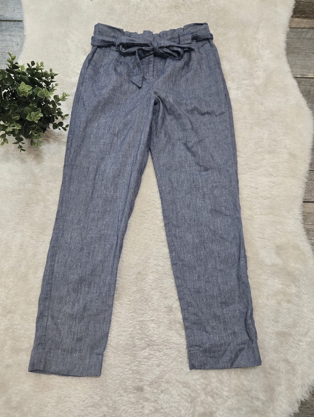 Express Blue Paperbag Waist Ankle High Rise Belted Office Dress Trousers, 4